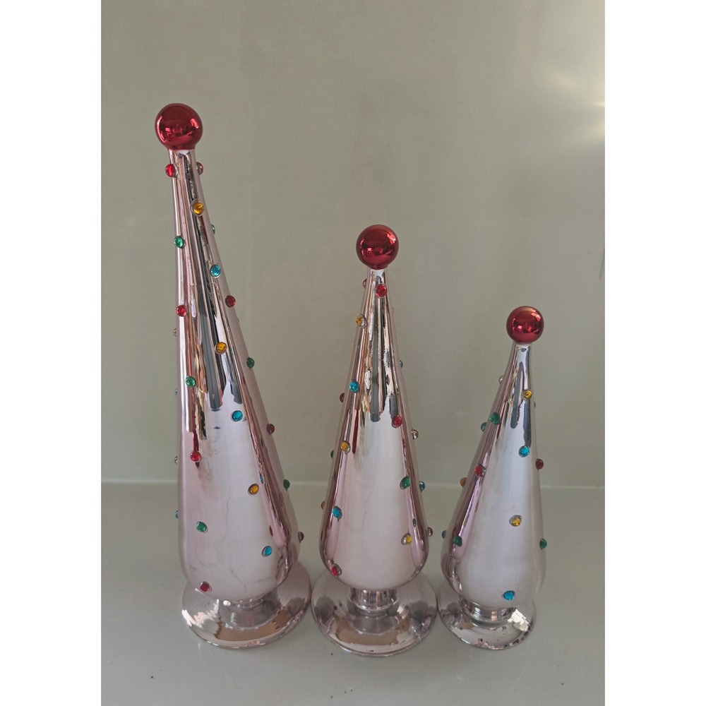 New with Tag Slant Collections Pink Glass Beaded Christmas Tree Set of 3